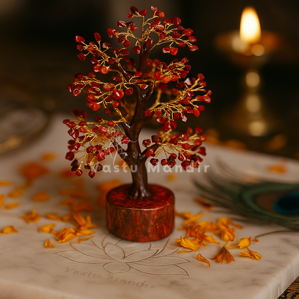 Red jasper crystal tree arranged in a warm low-light product setting