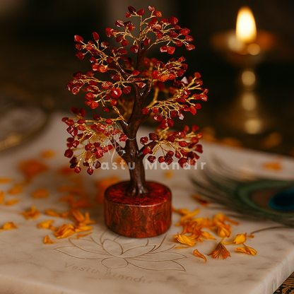 Red jasper crystal tree arranged in a warm low-light product setting