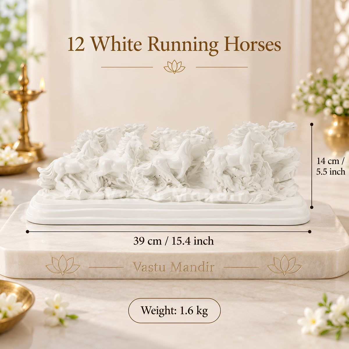 Twelve White Running Horses Resin Sculpture | Vastu Remedy for Victory, Momentum & Professional Success | 39 × 14 cm | 1.6 kg
