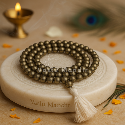 Pyrite crystal mala coiled on a round stone stand with a cream tassel and marigold petals