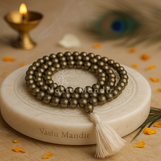 Pyrite crystal mala coiled on a round stone stand with a cream tassel and marigold petals