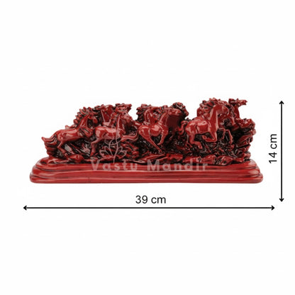 Red running horses resin sculpture size graphic showing 39 cm width and 14 cm height