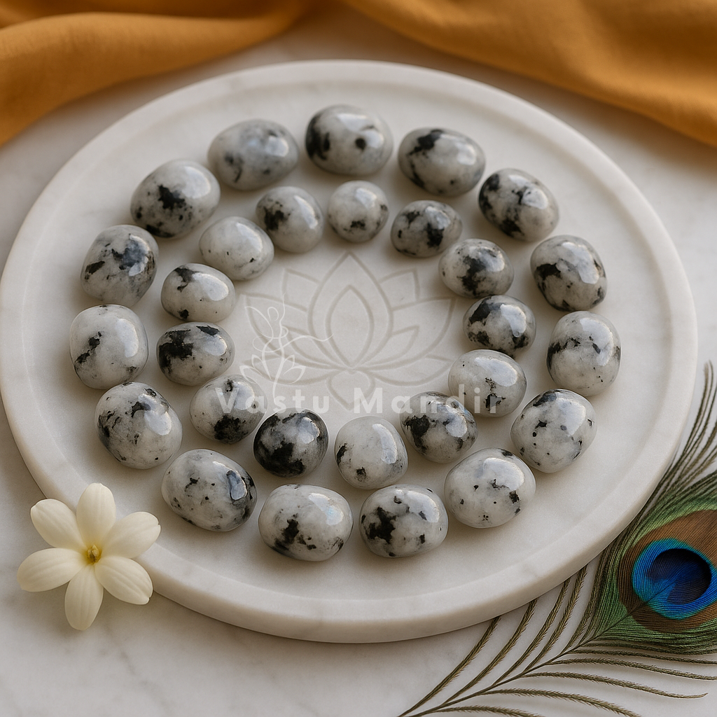 Closer view of rainbow moonstone pieces arranged around the centre of a glass plate