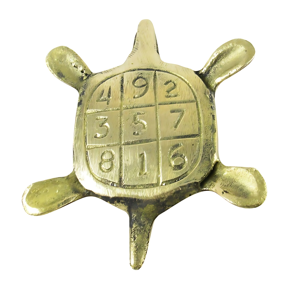 Brass tortoise idol with yantra grid underside view showing the engraved nine-square yantra grid