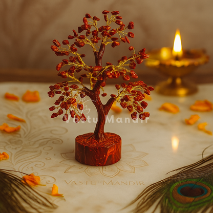 Red jasper crystal tree arranged in a styled spiritual setting