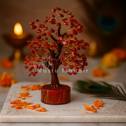 Red jasper crystal tree displayed in a dark, softly lit spiritual setting