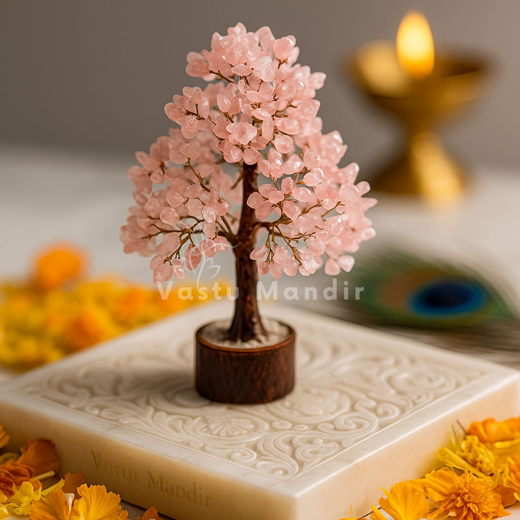 Rose quartz crystal tree displayed in a softly lit product setting