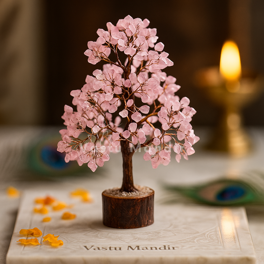 Rose quartz crystal tree displayed in a dark, softly lit spiritual setting