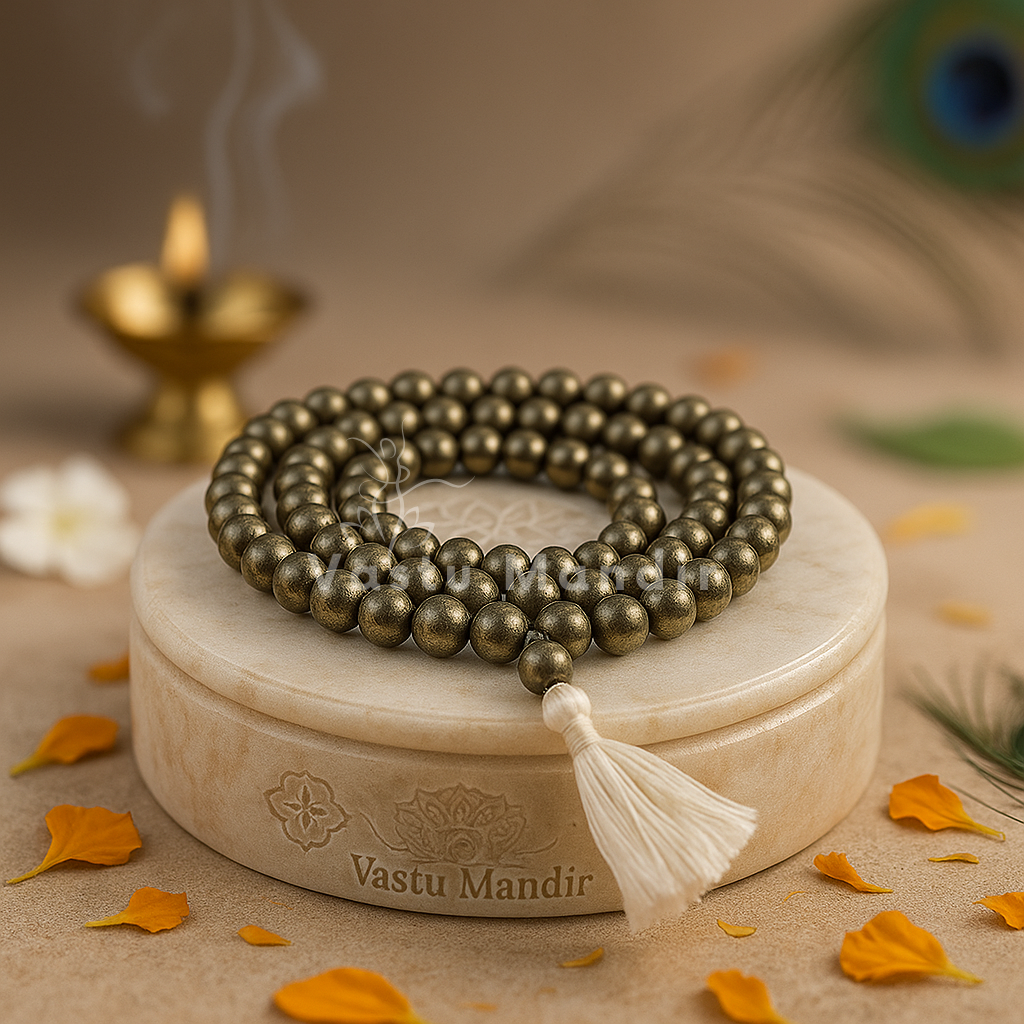 Angled view of a coiled pyrite mala on a stone stand in a softly lit traditional setting