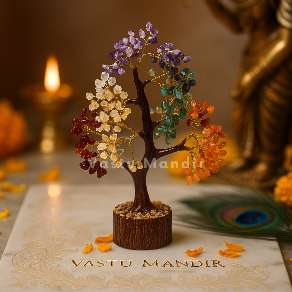 7 chakra crystal tree displayed in a dark, softly lit spiritual setting