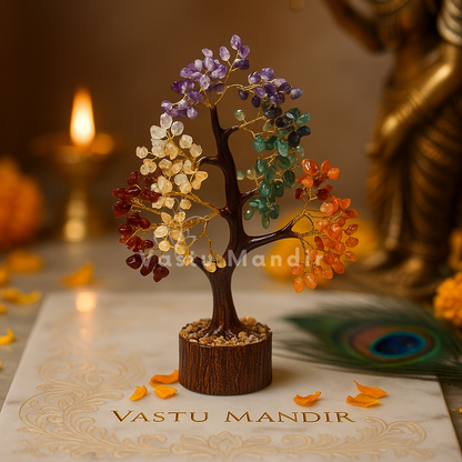 7 chakra crystal tree displayed in a dark, softly lit spiritual setting