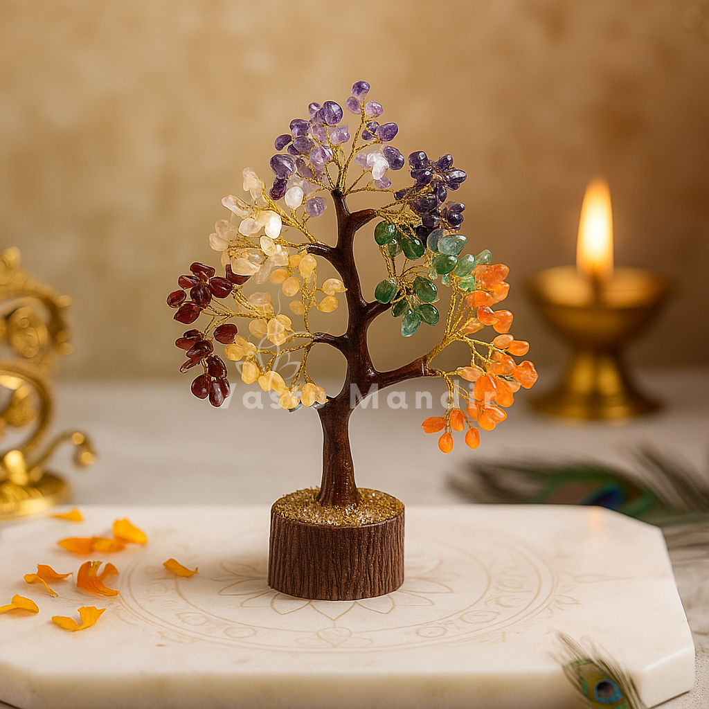 7 chakra crystal tree displayed in a softly lit product setting