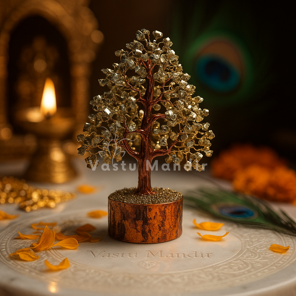 Tiger eye crystal tree displayed in a dark, softly lit spiritual setting
