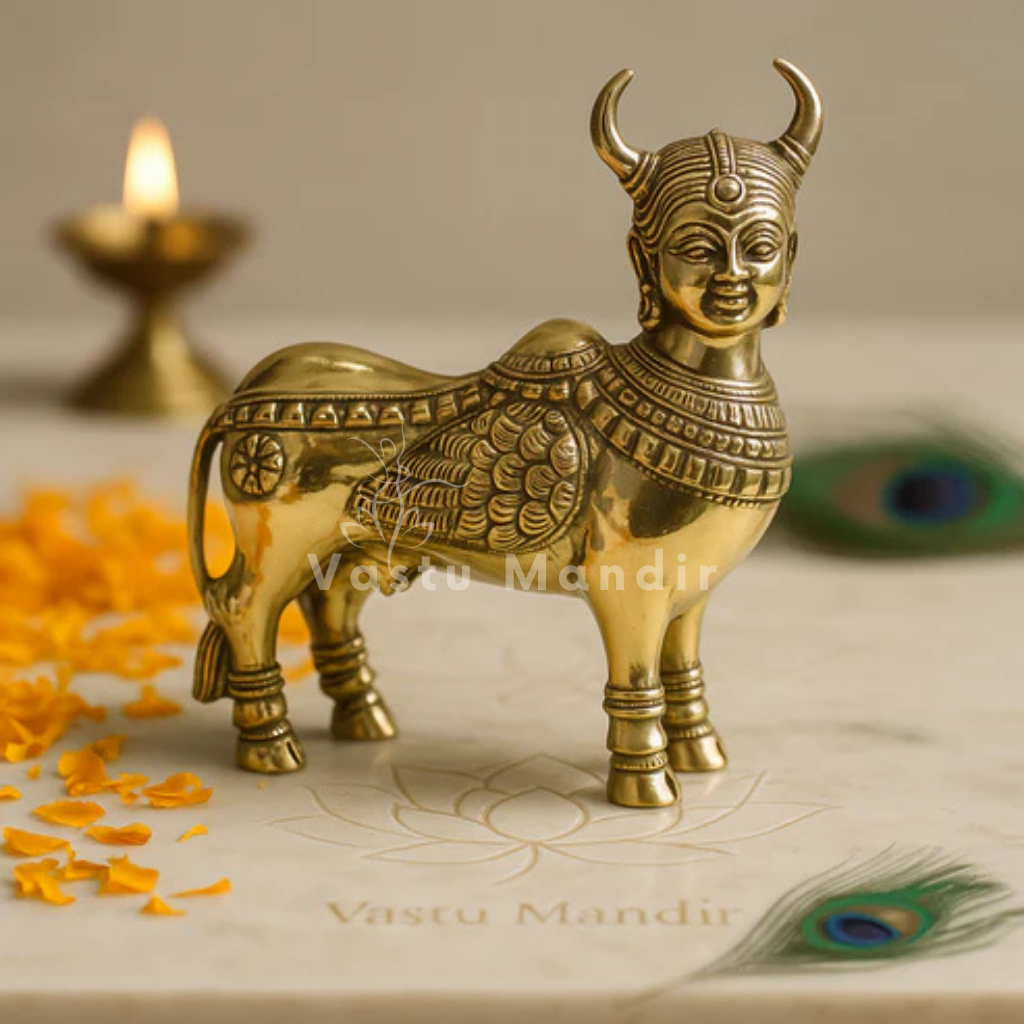 Brass Kamdhenu cow idol alternate side angle on a white plate with floral accents