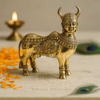 Brass Kamdhenu cow idol alternate side angle on a white plate with floral accents