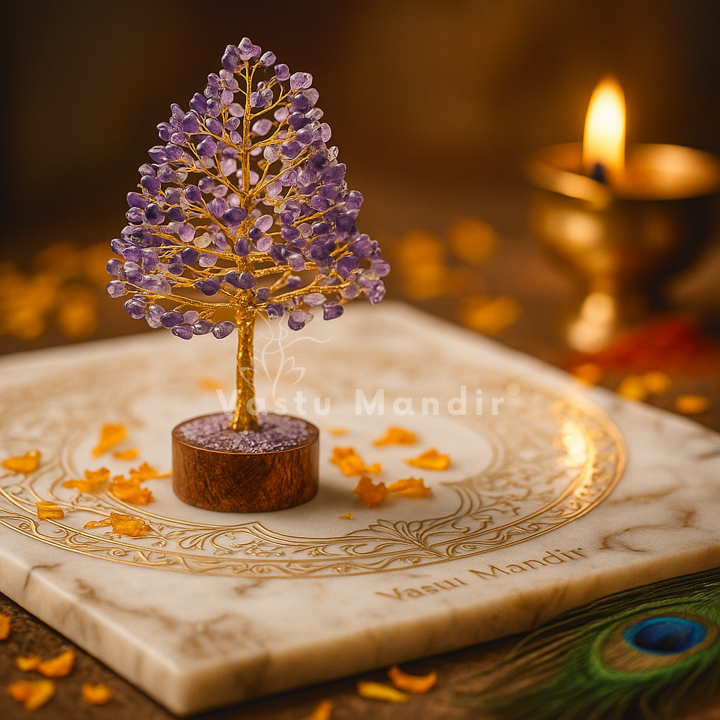 Amethyst crystal tree shown in a close atmospheric product view