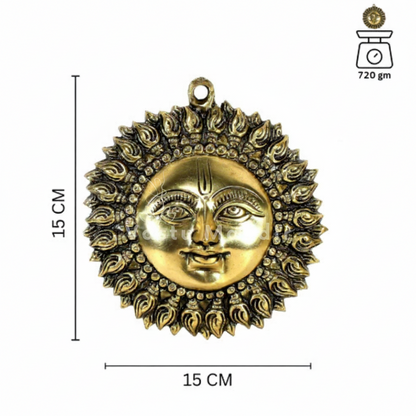 Brass surya (sun) ji wall hanging idol Vastu remedy in a close-up view against a clean white background