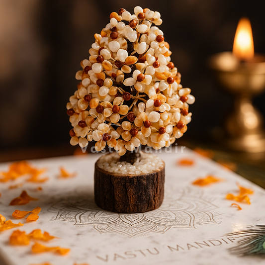 Rudraksha Gomti chakra tree displayed in a softly lit sacred setting