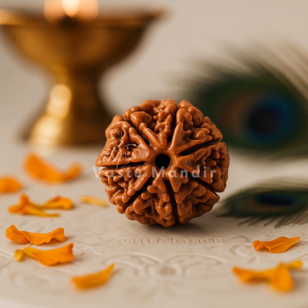 7 mukhi Rudraksha shown in a second styled sacred view