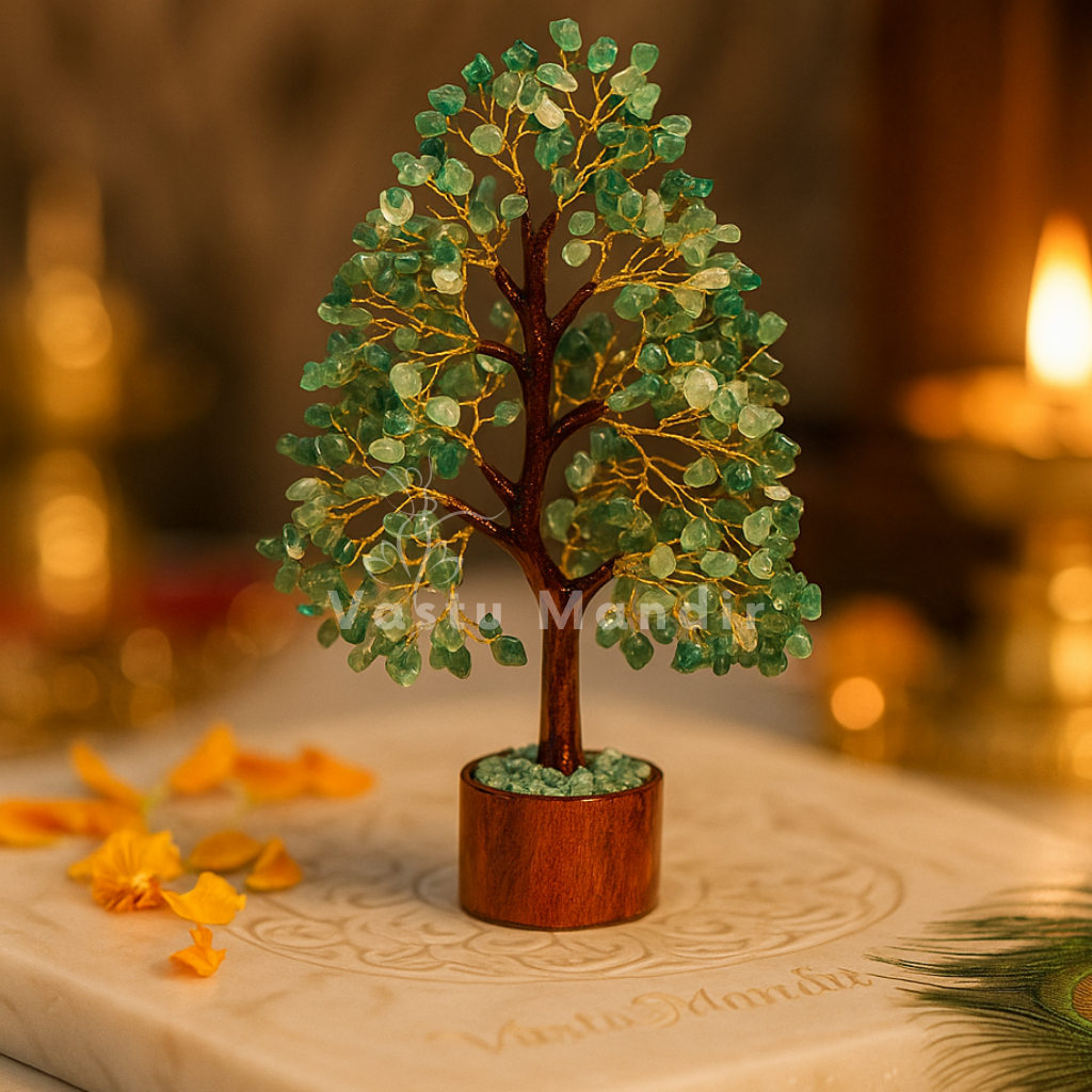 Green aventurine money tree displayed in a dark, softly lit spiritual setting