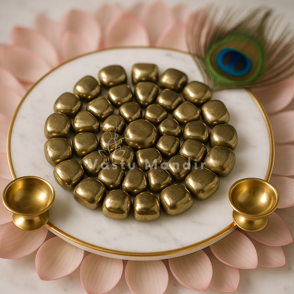 Pyrite tumbled stones arranged in a pale shell-shaped dish with a peacock feather beside it