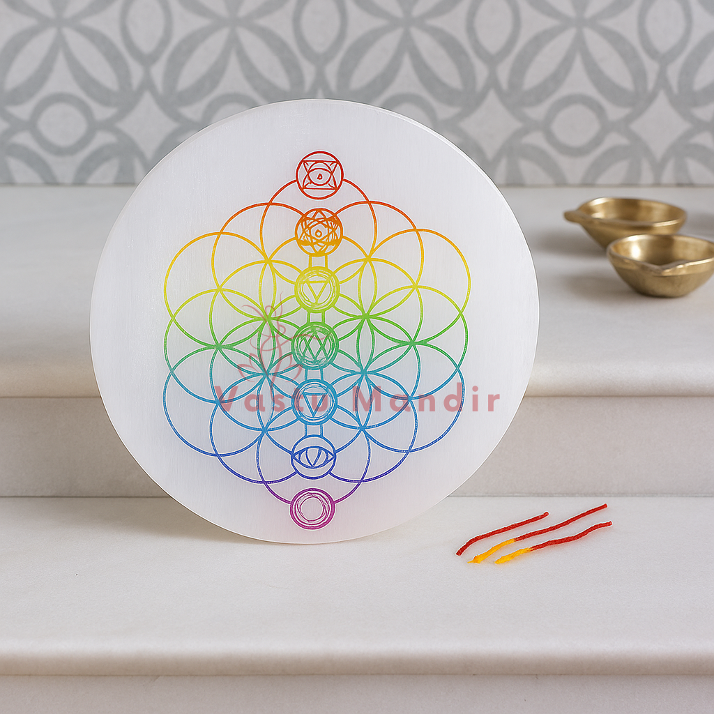 7 chakra flower of life selenite charger arranged in a styled spiritual setting