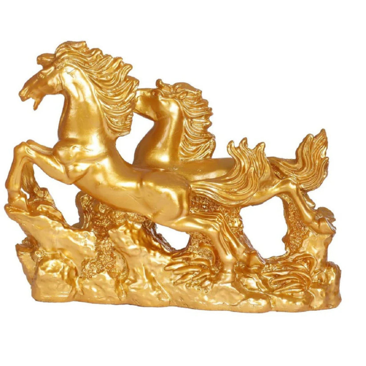 Side perspective of decorative golden horses resin figurine