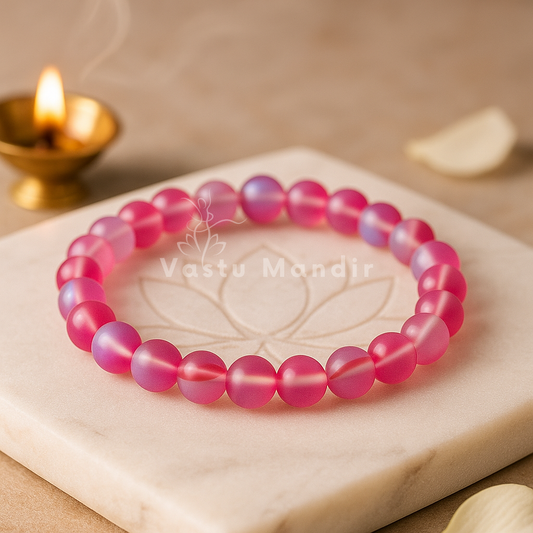 Natural light pink aura quartz crystal bracelet shown with a hand in a lifestyle photograph