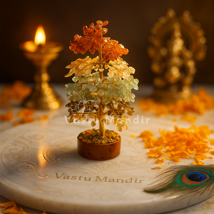 Multi-crystal tree arranged in a warm low-light product setting