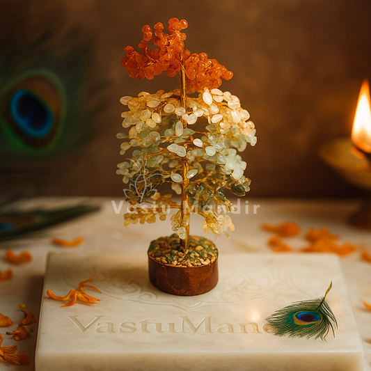 Multi-crystal tree displayed in a dark, softly lit spiritual setting