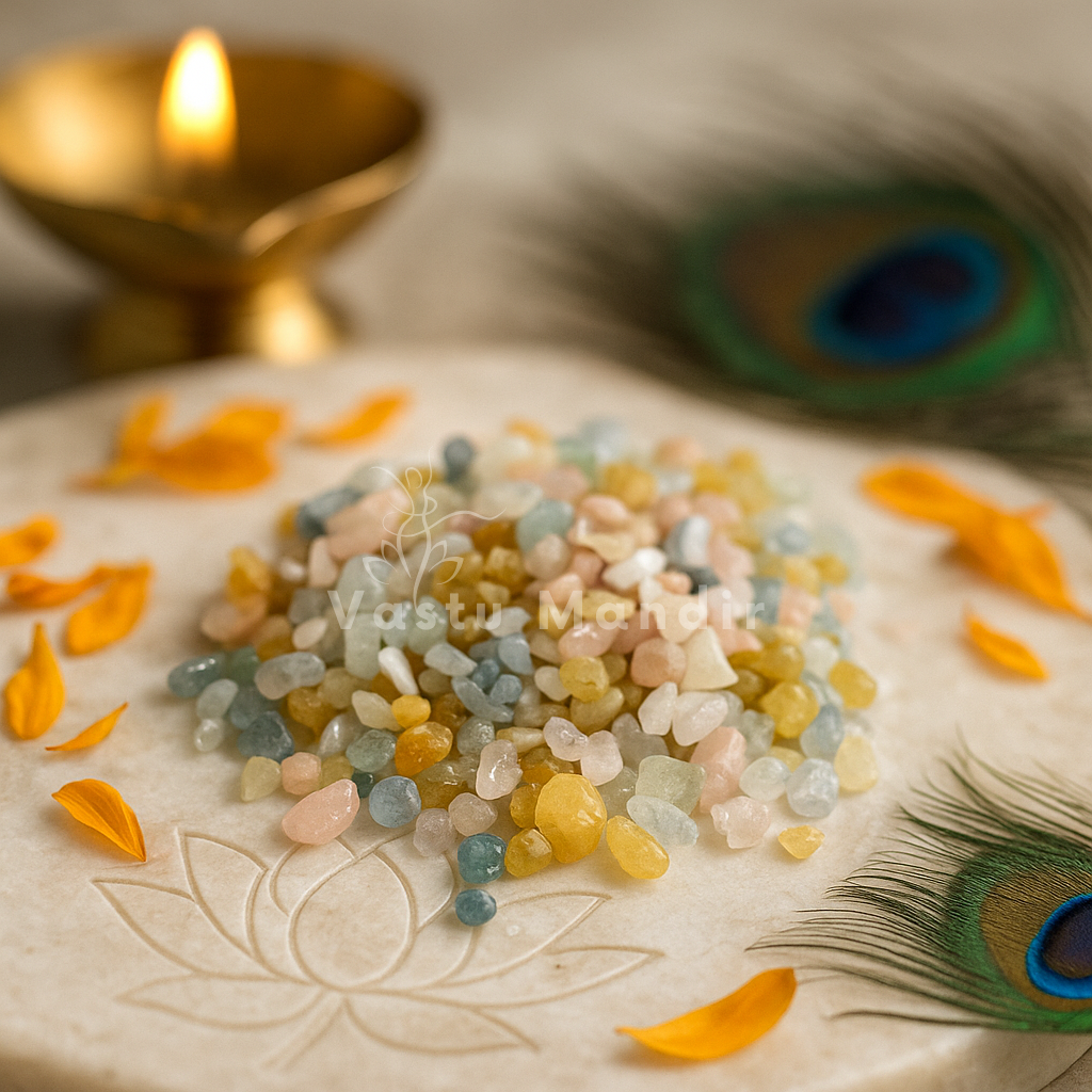 Angled view of multicoloured beryl crystal chips on a white plate with marigold petals and a peacock feather