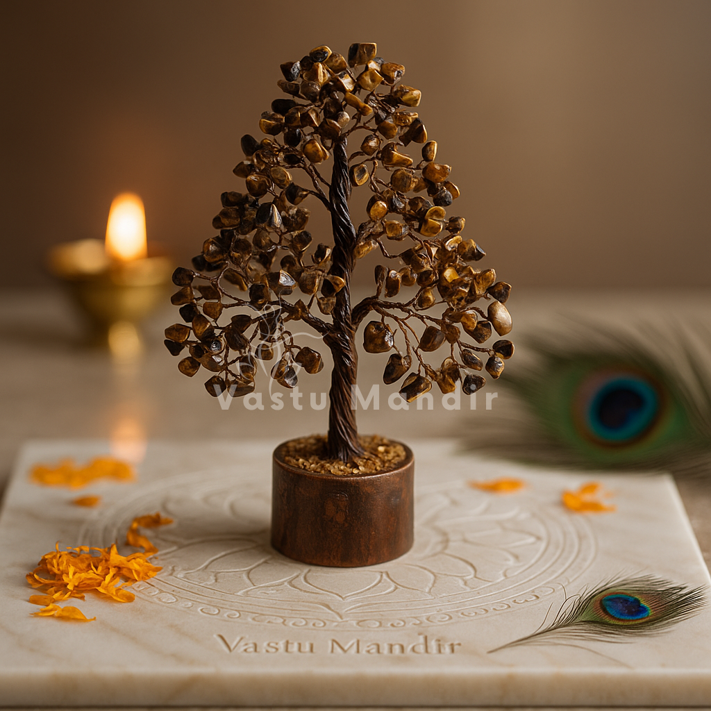 Tiger eye crystal tree displayed in a dark, softly lit spiritual setting