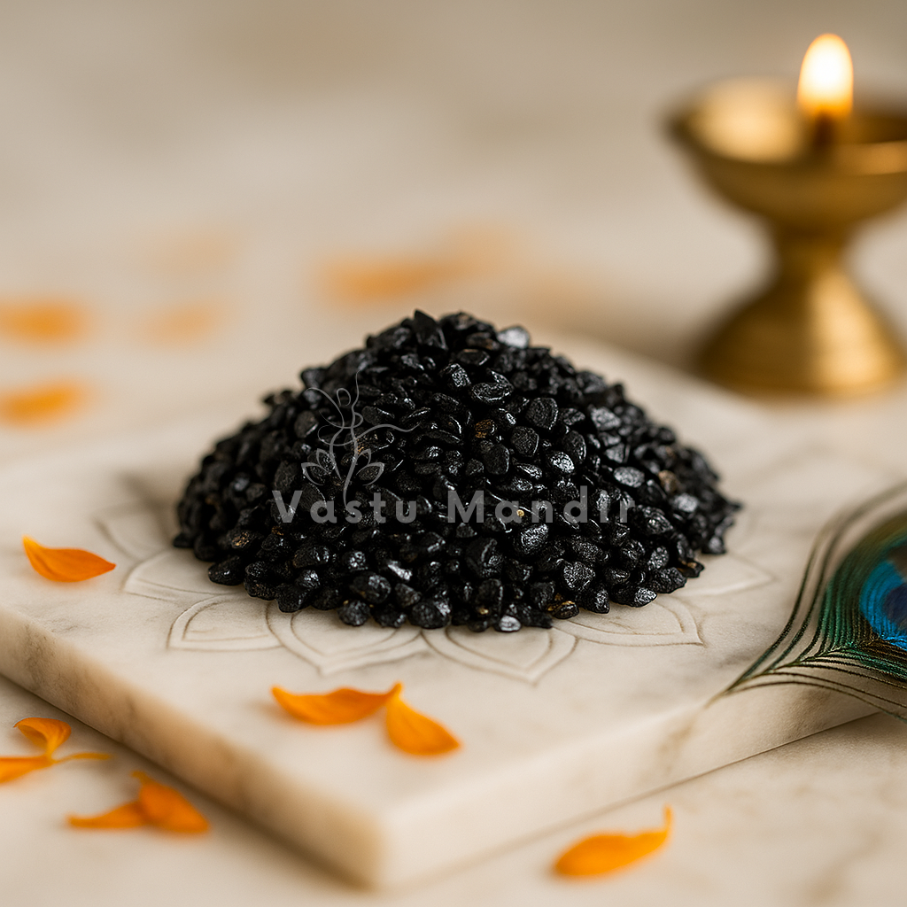 Angled view of black tourmaline crystal chips on a white plate with marigold petals and a peacock feather