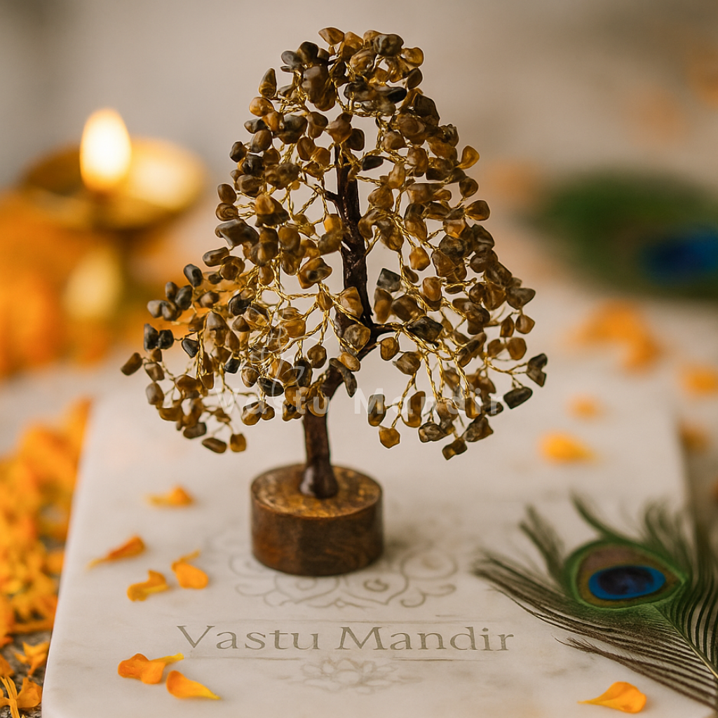 Tiger eye crystal tree displayed in a softly lit product setting