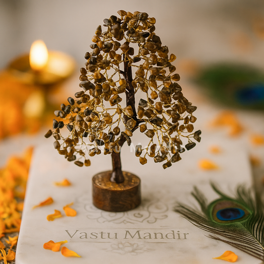 Tiger eye crystal tree displayed in a softly lit product setting