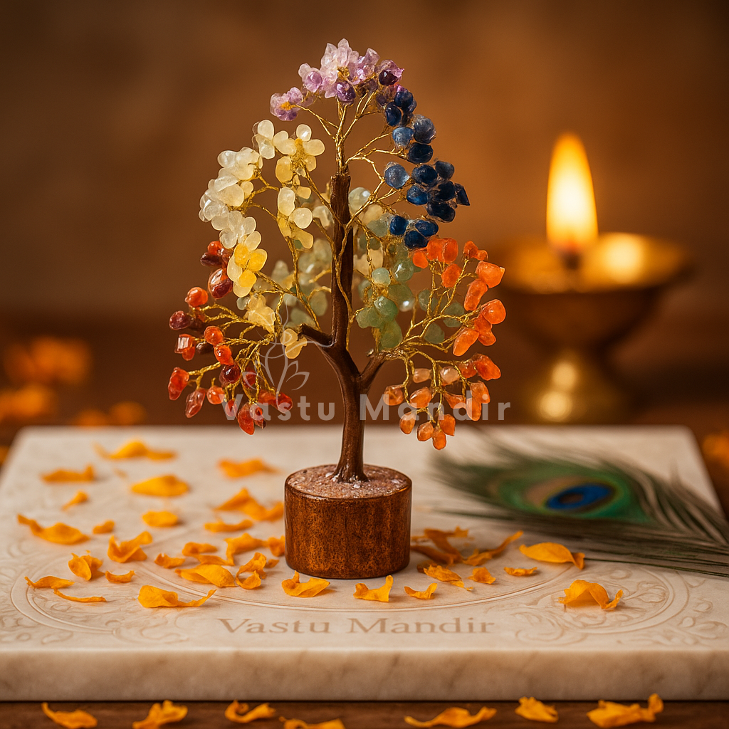 7 chakra crystal tree shown in a close atmospheric product view