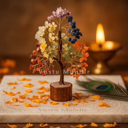 7 chakra crystal tree shown in a close atmospheric product view