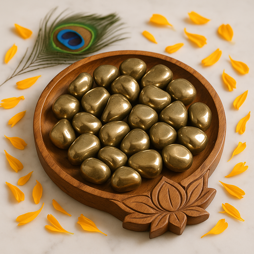 Angled view of pyrite tumbled stones on a white plate with marigold petals and a peacock feather