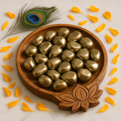 Angled view of pyrite tumbled stones on a white plate with marigold petals and a peacock feather