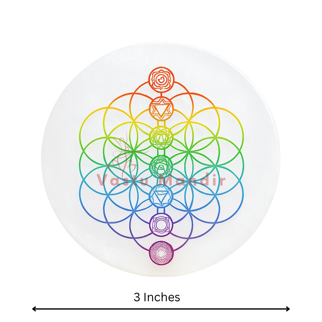 7 chakra flower of life selenite charger showing its form against a plain white background