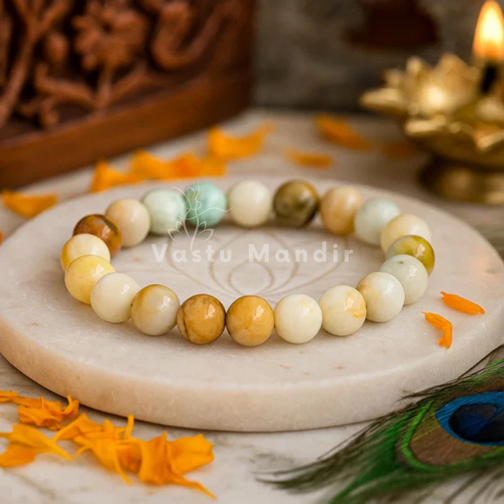 Natural multi moonstone crystal bracelet shown in a second hand-held product view