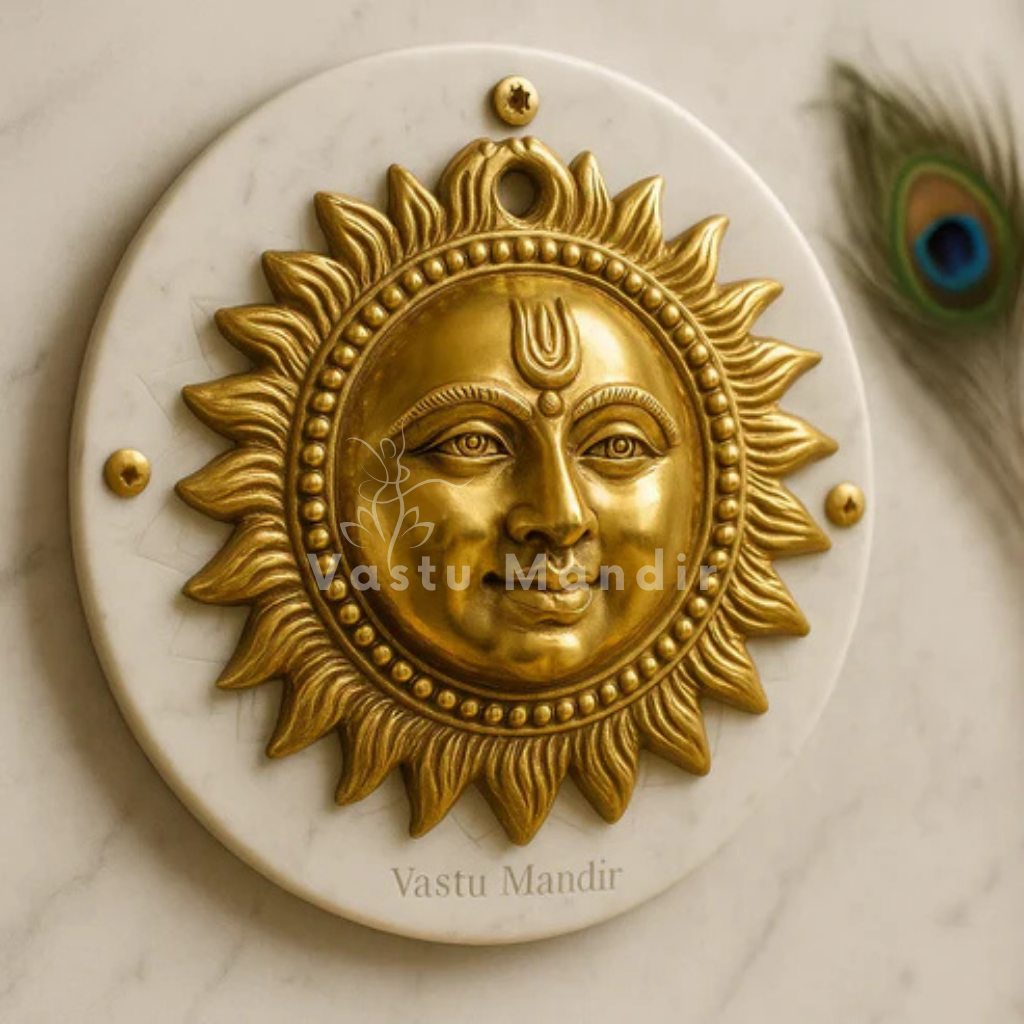 15 cm brass sun face wall hanging alternate front view on a sacred white disc