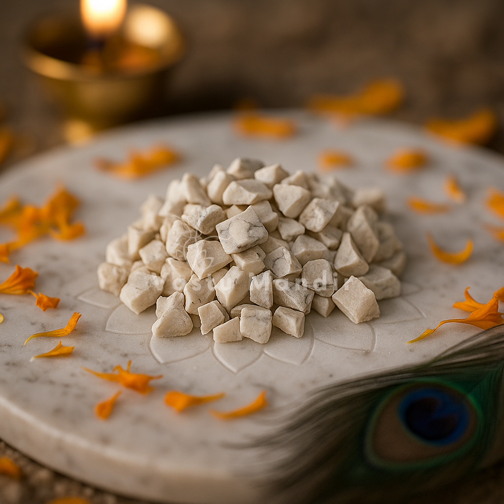 Angled view of cat's eye crystal chips on a white plate with marigold petals and a peacock feather