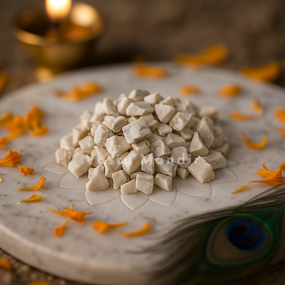 Angled view of cat's eye crystal chips on a white plate with marigold petals and a peacock feather