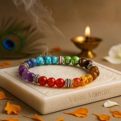 7 chakra crystal bracelet shown in a second hand-held product view