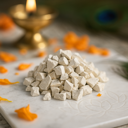 Cat's eye crystal chips arranged on a carved white plate with marigold petals and a softly lit diya