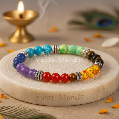 7 chakra crystal bracelet shown with a hand in a lifestyle photograph