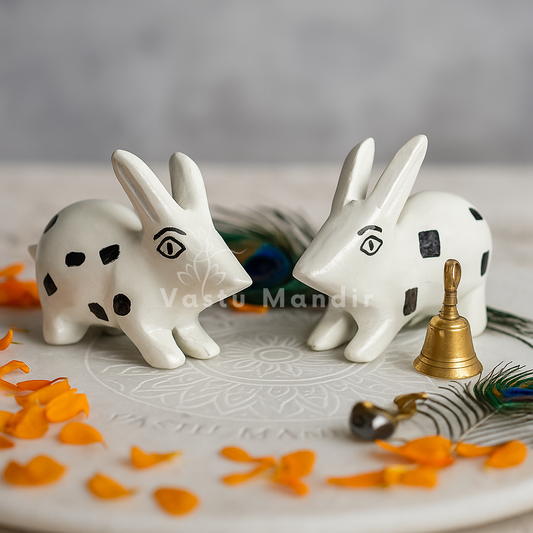 White enamel rabbit pair pair displayed on a sacred white plate with diya and floral accents
