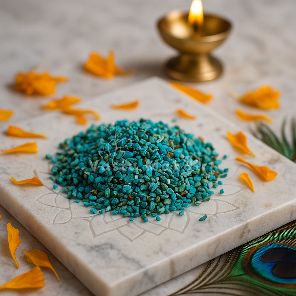 Angled view of chrysocolla crystal chips on a white plate with marigold petals and a peacock feather
