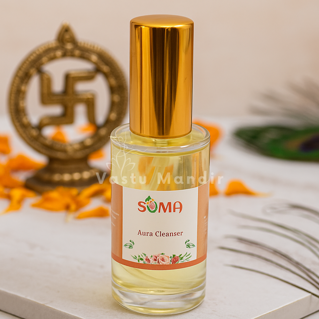 Soma aura cleanser spray displayed in a softly lit product setting